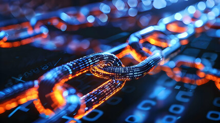 Poster - Close-up of a glowing digital chain link symbolizing blockchain technology's security