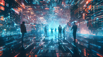 Poster - Futuristic digital landscape with silhouettes of people interacting in a vibrant setting