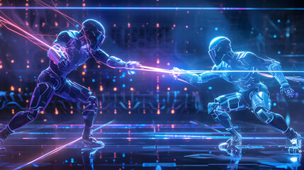 Poster - Futuristic duel between two robotic figures in a neon-lit arena with vibrant lights