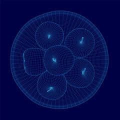 Poster - A blue plate with a bunch of apples in it. The apples are all same sizes and are scattered throughout the plate. The image has a futuristic and abstract feel to it