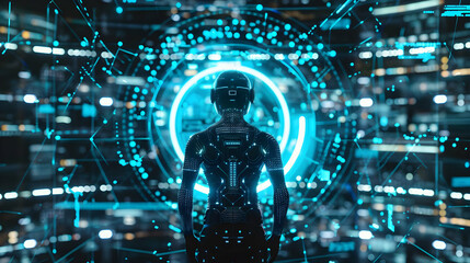 Poster - Futuristic figure in a digital landscape, exploring virtual reality technology