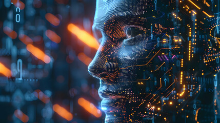 Poster - Futuristic humanoid face composed of digital circuits and glowing elements
