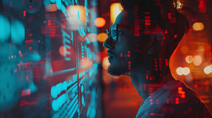 Poster - Profile of a man immersed in digital data visualization at night in a city