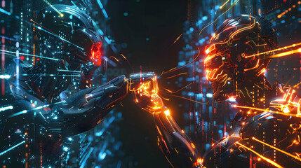 Poster - Futuristic duel between two robotic figures in a neon-lit digital environment