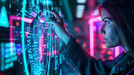 Poster - Woman interacting with a futuristic holographic interface in a neon-lit environment
