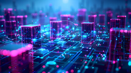Poster - futuristic cityscape with glowing buildings and digital connections at dusk