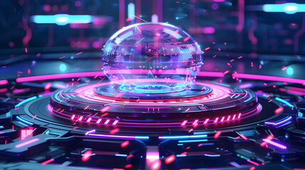 Poster - Futuristic holographic orb emitting vibrant lights in a high-tech environment