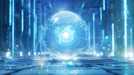 Poster - Futuristic glowing orb in a high-tech environment with digital elements