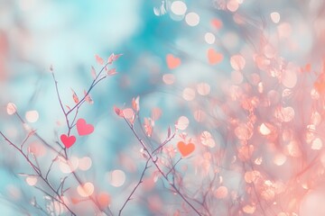 Poster - Pastel Pink and Blue Spring Branches with Heart Shapes and Bokeh Lights