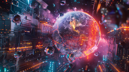 Poster - Futuristic digital landscape showcasing a glowing Earth amidst vibrant circuits