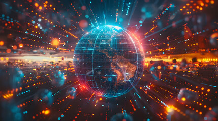Poster - Abstract digital representation of Earth amidst glowing data streams and vibrant colors
