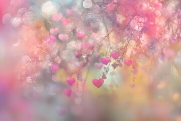 Poster - Pastel Pink and Red Heart Shaped Leaves on Branch Romantic Spring Nature Background