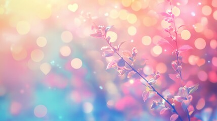 Poster - Pastel Pink Blue Purple Leaves Branch Bokeh Lights Background