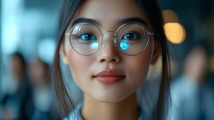 Poster - Close up view of a transparent futuristic holographic video call interface with office staff blurred in the background for depth