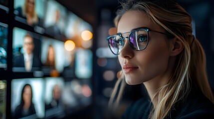 Poster - innovative holographic image of a virtual business meeting with a blurry office environment in the b