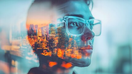 Poster - transparent holographic participants engaging in an online meeting with blurred office scenery visib