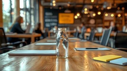 Poster - Blurred interior view of a cafe or office setting with wooden table glass jar and chairs in the foreground creating a peaceful and serene atmosphere for a virtual business meeting or conference