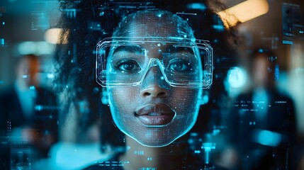 Poster - Holographic participants projected during a virtual call with office staff blurred in the background showcasing futuristic digital technology and in a modern corporate workspace