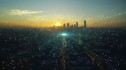 Poster - Aerial panoramic view of a modern city skyline at sunset with skyscrapers highways and glowing technological graphics representing the interconnected digital network and smart infrastructure