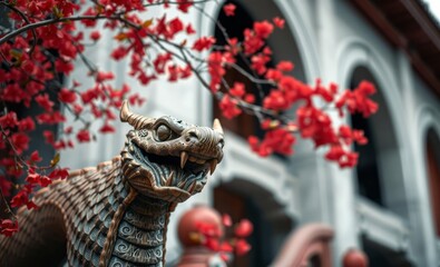 A detailed wooden sculpture of a serpent with lifelike scales and expressive features set beneath vibrant red blossoms with traditional chinese architecture in the blurred background chinese architect