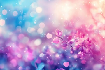 Poster - Pastel Pink Purple Flowers with Heart Shaped Bokeh Background