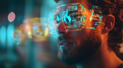 Poster - futuristic holographic business meeting with multiple digital displays and office colleagues visible