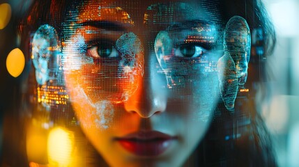 Poster - Futuristic virtual holographic discussion taking place in a modern office environment  with blurred colleagues visible in the background  showcasing advanced communication and technology