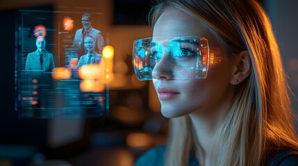 Poster - Futuristic virtual conference setting with holographic participants softly blurred office backdrop and high tech digital communication and elements  Represents the future of remote work education