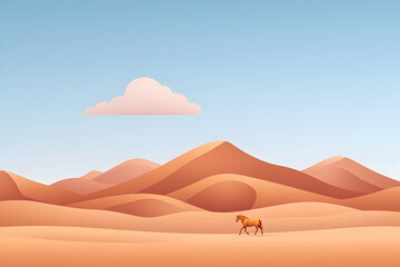 Horse walking in desert dunes at daytime; cloud in blue sky. Possible background. Generative AI