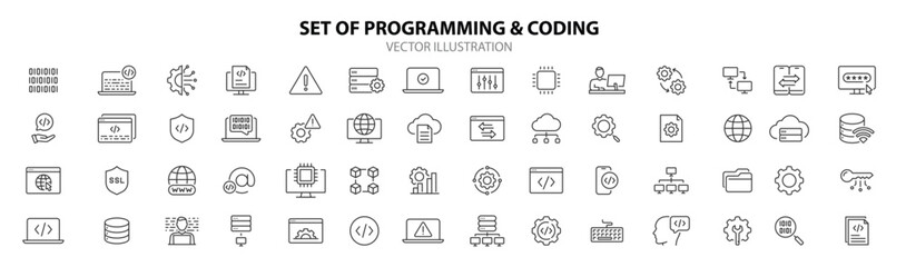 Set of Programming and coding web icons in line style. Information technology, developer, idea, advertising, app, archive, collection. Vector illustration.