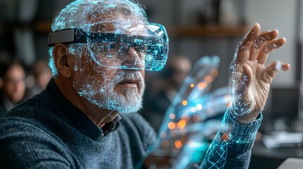 Poster - transparent holographic figures representing attendees during a virtual business meeting or conferen