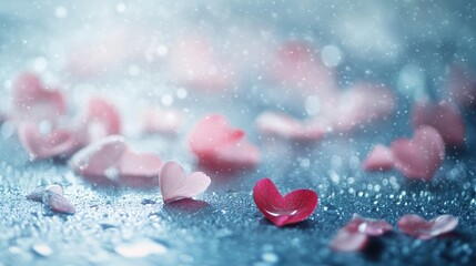 Poster - Pink and Blue Heart Petals on Wet Surface Romantic Background