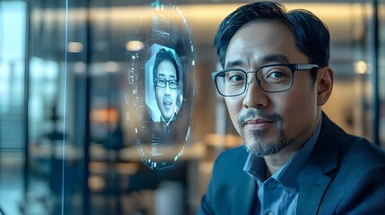 Poster - Digital holographic communication technology in a blurred office backdrop showcasing the future of corporate meetings and remote