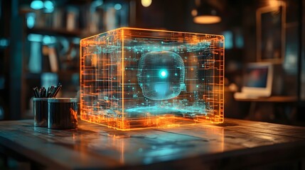 Poster - Transparent holographic projection displayed during an online or virtual meeting with a blurred office ambiance providing depth and context to the futuristic technology
