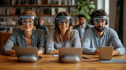 Poster - holographic participants engaged in a virtual meeting call with blurred office coworkers visible in 