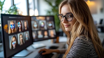 Poster - Smiling professional woman in virtual business meeting with holographic participants office background softly and communication technology concept