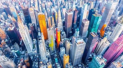 Poster - high angle view of a vibrant densely packed cityscape with soaring skyscrapers and interconnected ne