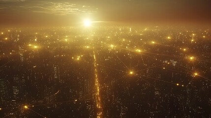 Poster - Aerial view of an illuminated cityscape at night with a sprawling network of luminous connections linking key points across the urban landscape