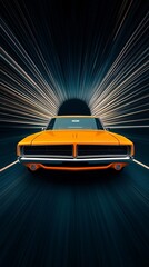 Poster - a classic muscle car driving through a wormhole, blending 1970s aesthetics with interdimensional tra