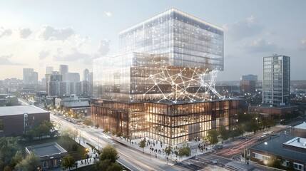 Poster - aerial view of a complex network visualization of interconnected buildings and infrastructure in a m