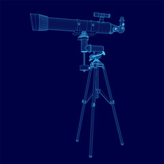 Poster - A blue drawing of a telescope with a tripod. The drawing is in a stylized, cartoonish way