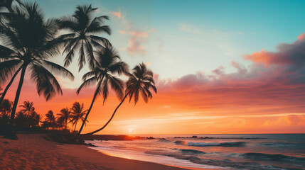 Wall Mural - Silhouetted palm trees standing tall on a serene tropical beach at sunset with modern vintage color palette.