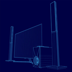 Poster - A blue drawing of a building with a large screen on the side. The building is surrounded by two tall speakers