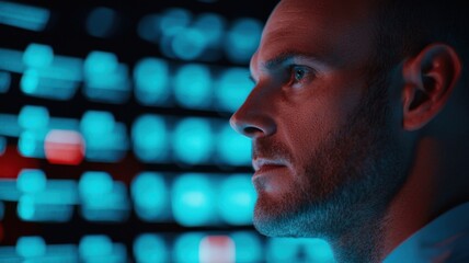 Poster - Data analyst monitoring complex systems tech lab digital interface futuristic environment close-up perspective