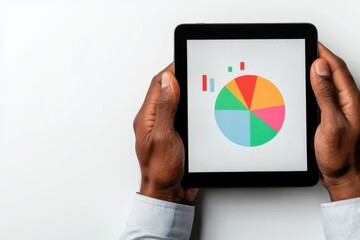 Analyzing business data trends using a digital tablet office environment infographic display top view insights