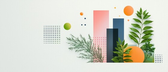 Wall Mural - Abstract Geometric Design with Green Leaves and Pastel Shapes