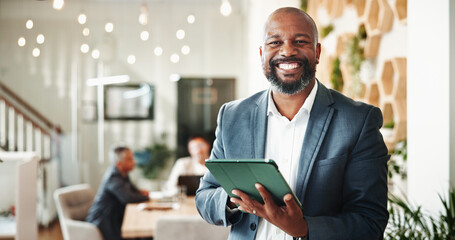 Poster - Businessman, financial report and portrait with tablet, digital budget and advice for customer portfolio. People, accountant or agent meeting with project consultation, review or audit assistance