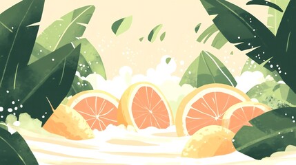 Wall Mural - Refreshing citrus slices playfully splash creamy liquid surrounded by lush tropical leaves. AI Generated