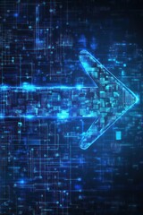 Poster - a glowing blue arrow made of digital particles moves through a high-tech background filled with circ