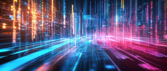 Poster - A vibrant digital landscape showcasing streams of colorful data flowing through a futuristic city, symbolizing technology and innovation